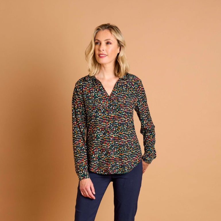 Long Sleeve Smudge Spot Print Collar Blouse Teal