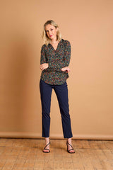Long Sleeve Smudge Spot Print Collar Blouse Teal
