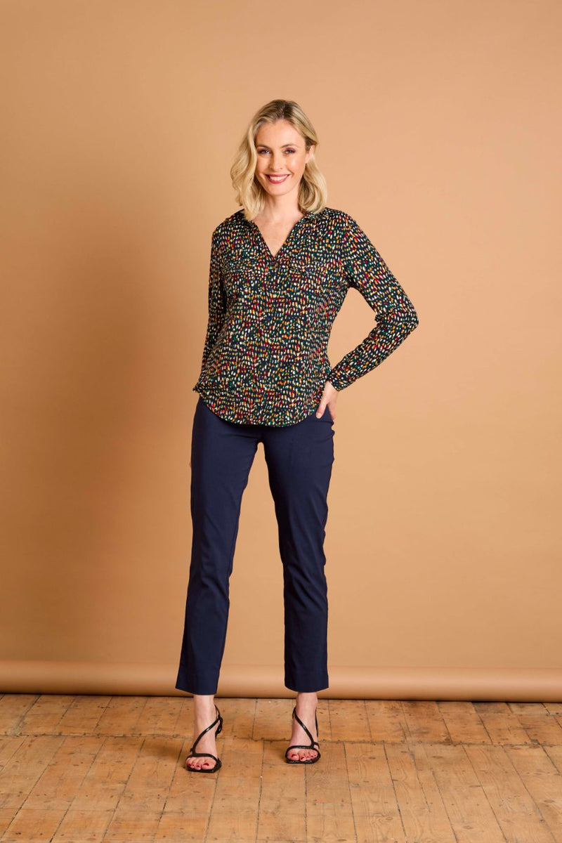 Long Sleeve Smudge Spot Print Collar Blouse Teal