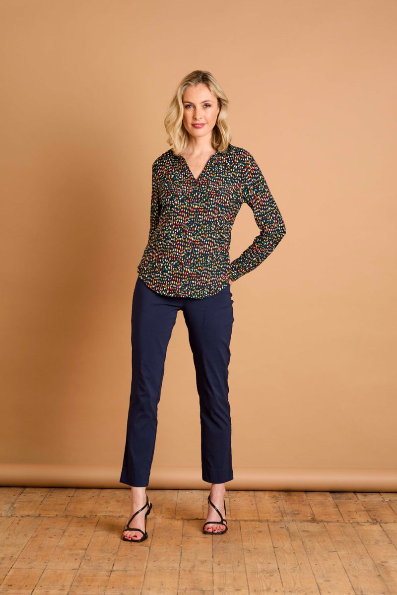Long Sleeve Smudge Spot Print Collar Blouse Teal