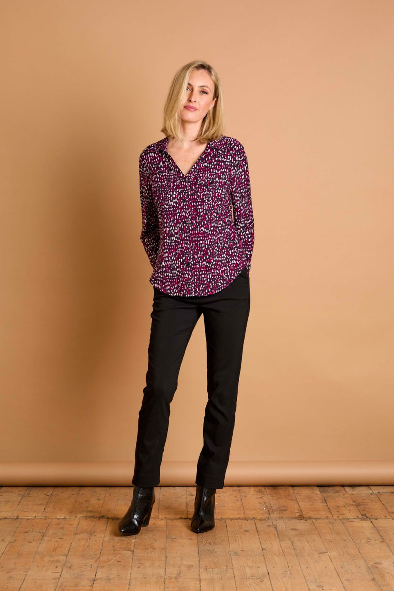Long Sleeve Smudge Spot Print Collar Blouse Plum