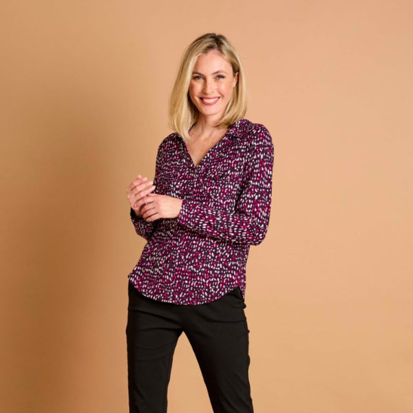 Long Sleeve Smudge Spot Print Collar Blouse Plum