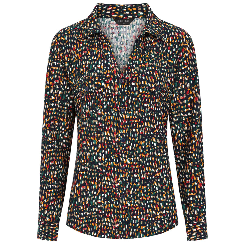 Long Sleeve Smudge Spot Print Collar Blouse Teal