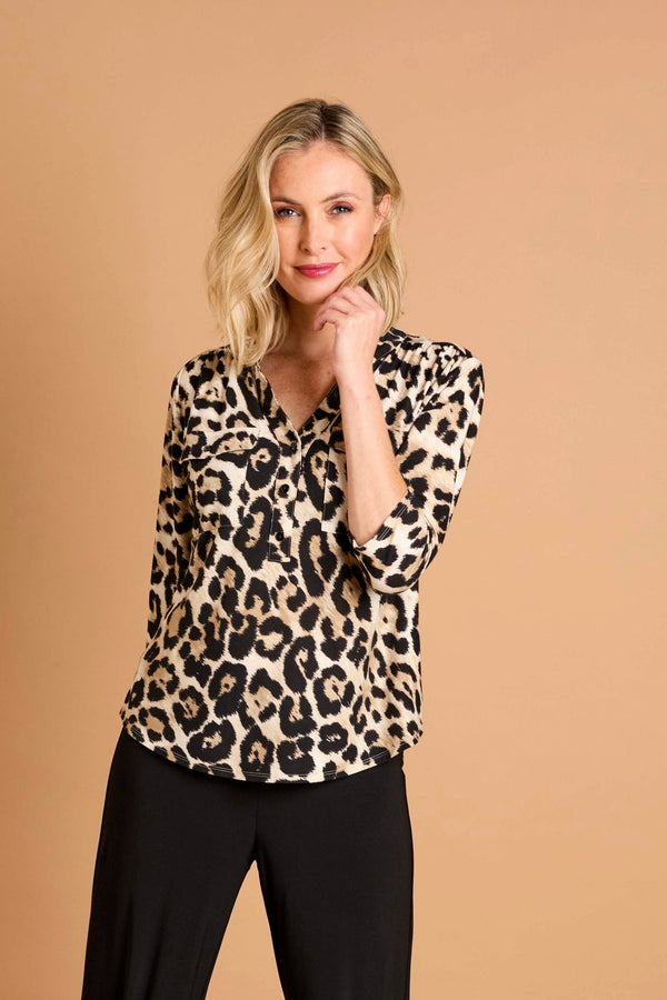 Animal Print Mandarin Collar Blouse