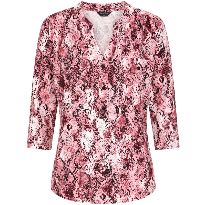 3/4 Sleeve Snake Print Mandarin Collar Pink