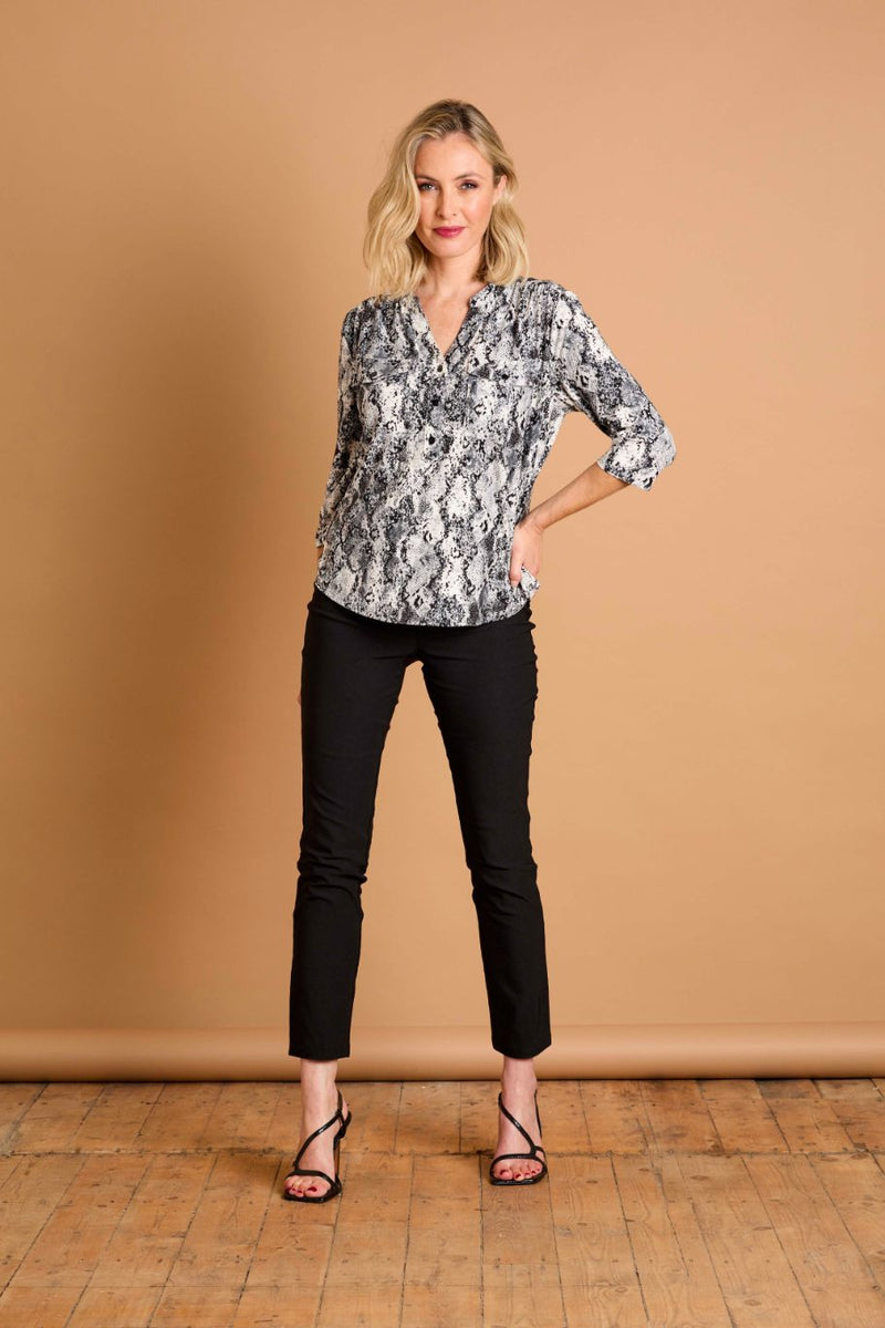 3/4 Sleeve Snake Print Mandarin Collar Grey