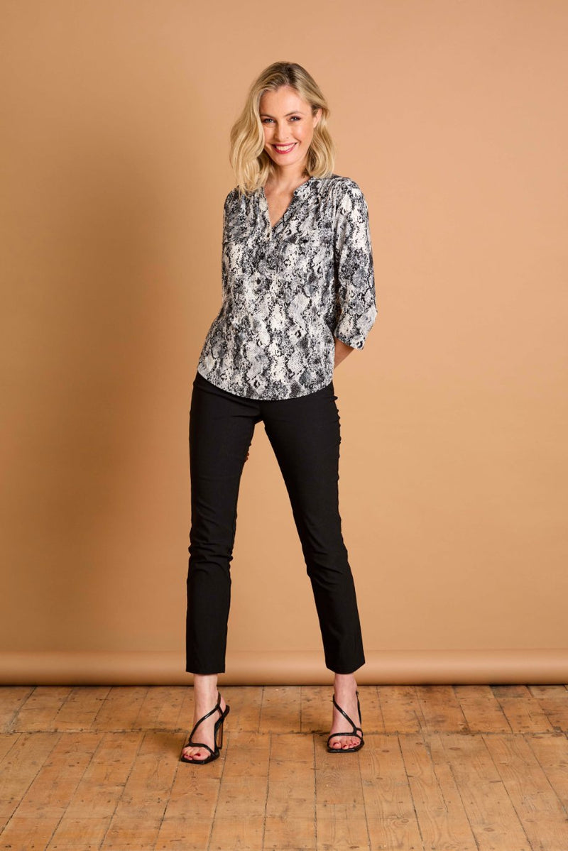 3/4 Sleeve Snake Print Mandarin Collar Grey
