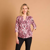 3/4 Sleeve Snake Print Mandarin Collar Pink