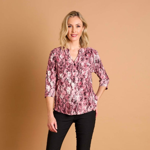 3/4 Sleeve Snake Print Mandarin Collar Pink