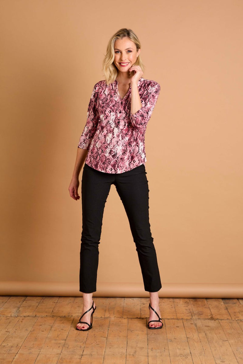 3/4 Sleeve Snake Print Mandarin Collar Pink