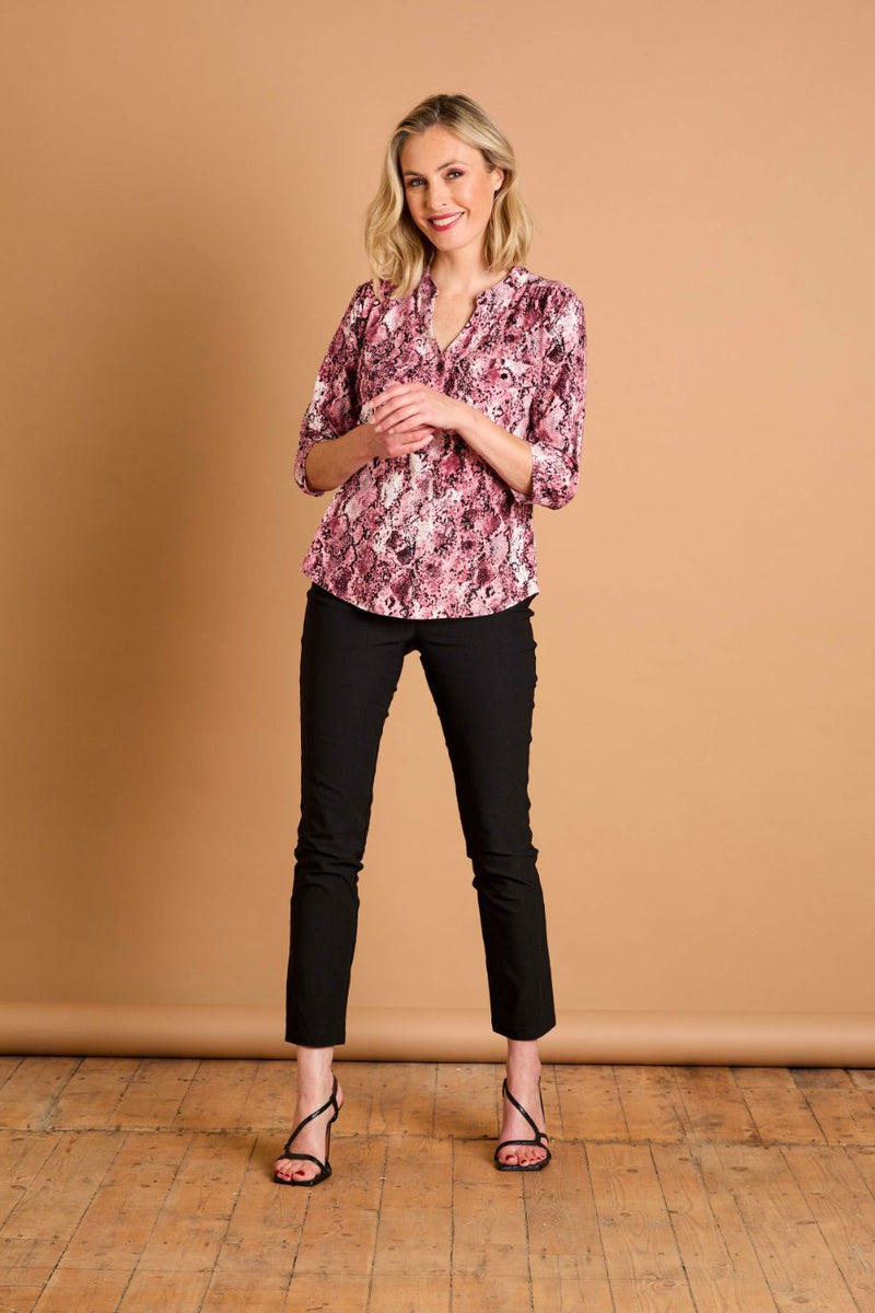 3/4 Sleeve Snake Print Mandarin Collar Pink