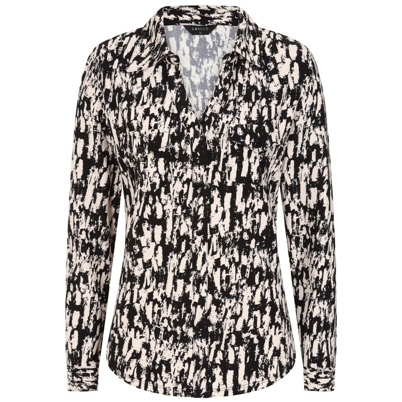 Long Sleeve Brushstrokes Print Collar Beige