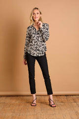 Long Sleeve Brushstrokes Print Collar Beige