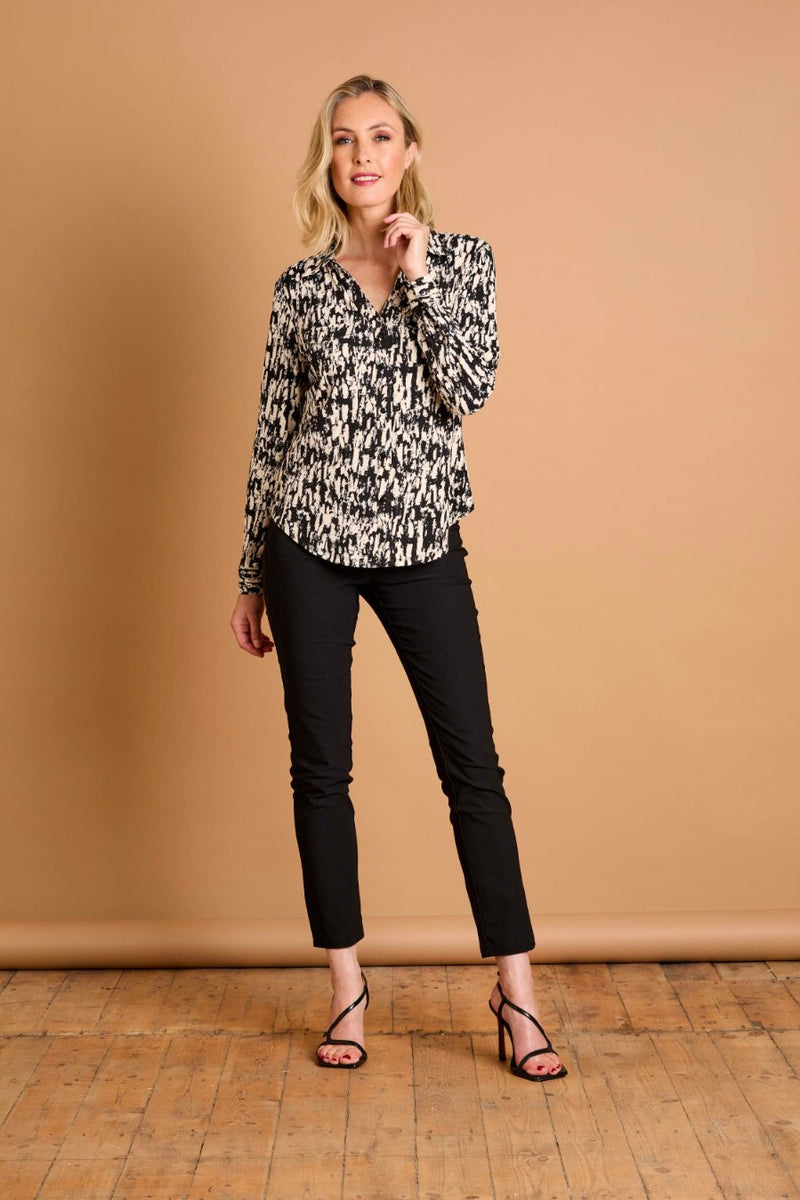 Long Sleeve Brushstrokes Print Collar Beige