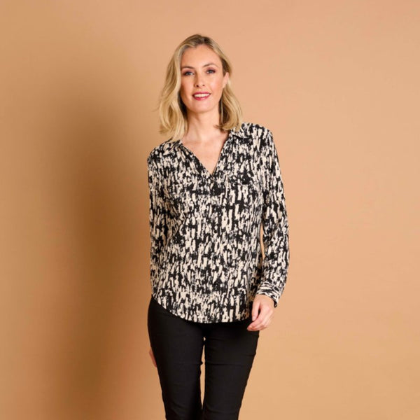 Long Sleeve Brushstrokes Print Collar Beige