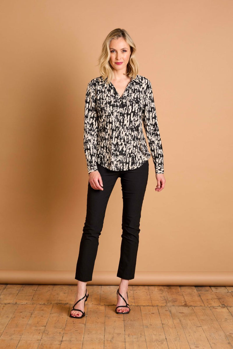 Long Sleeve Brushstrokes Print Collar Beige