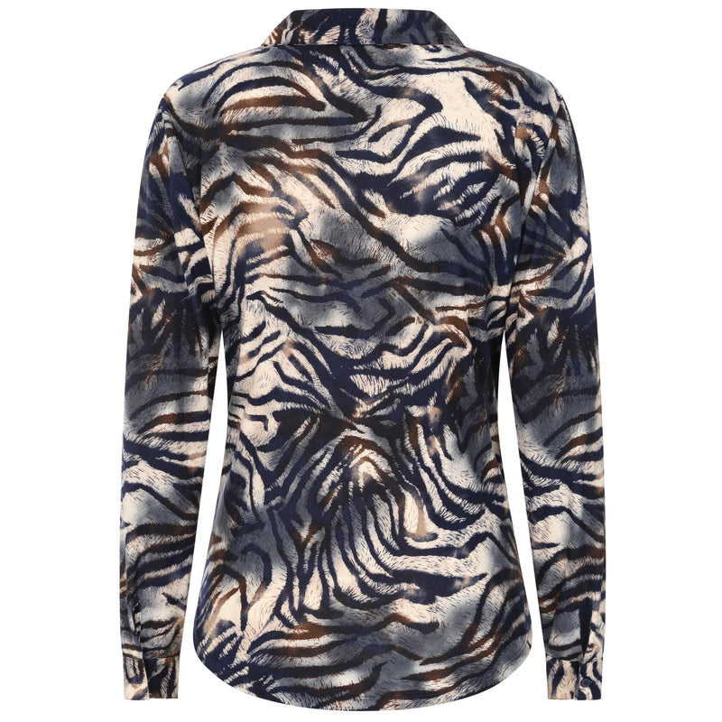 Long Sleeve Navy Tiger Print Collar Blouse Navy
