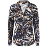 Long Sleeve Navy Tiger Print Collar Blouse Navy