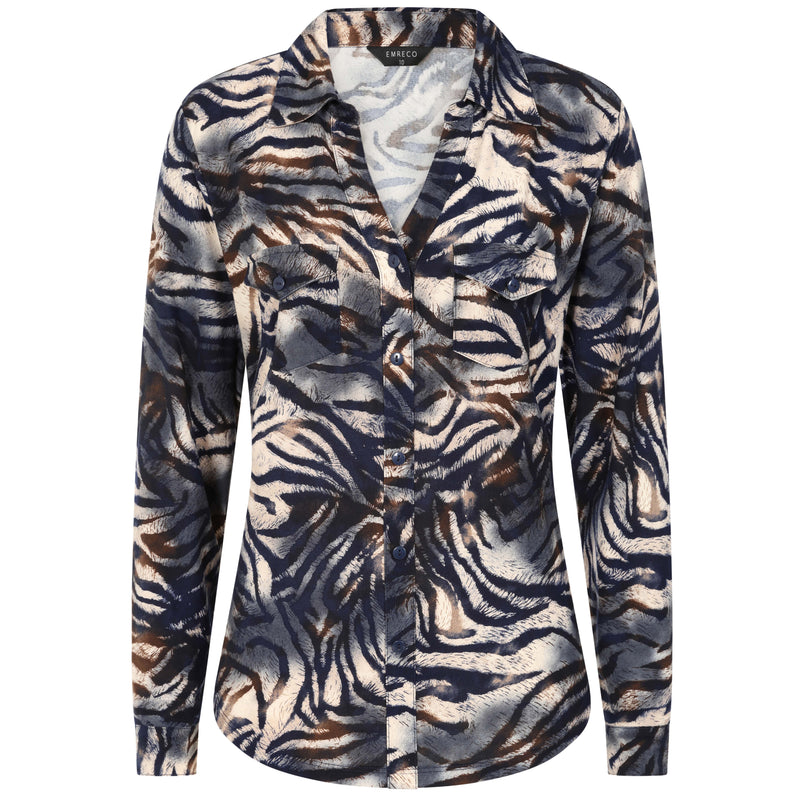 Long Sleeve Navy Tiger Print Collar Blouse Navy