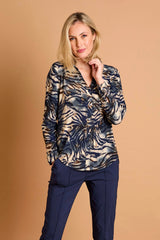 Long Sleeve Navy Tiger Print Collar Blouse