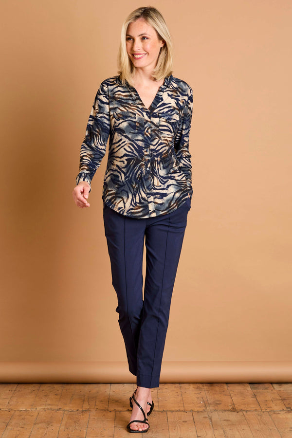 Long Sleeve Navy Tiger Print Collar Blouse
