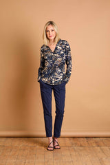 Long Sleeve Navy Tiger Print Collar Blouse Navy