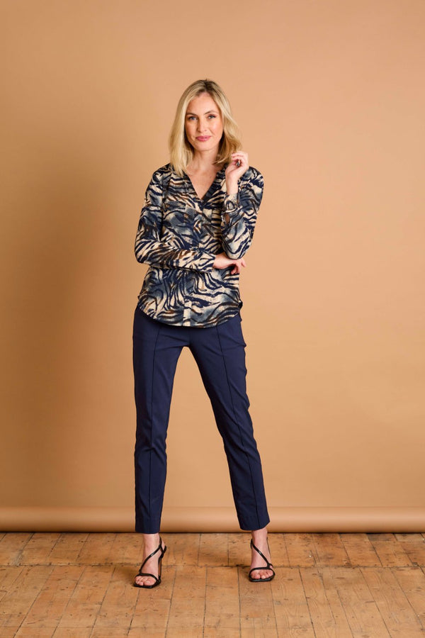 Long Sleeve Navy Tiger Print Collar Blouse Navy