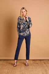 Long Sleeve Navy Tiger Print Collar Blouse Navy