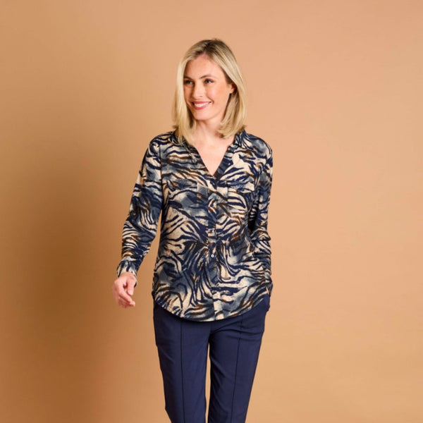 Long Sleeve Navy Tiger Print Collar Blouse Navy
