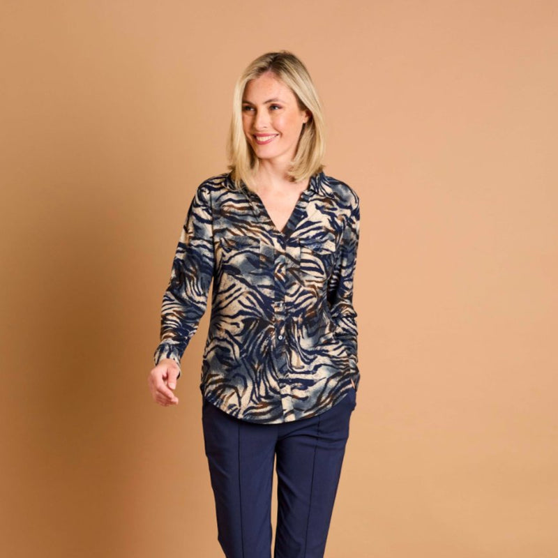 Long Sleeve Navy Tiger Print Collar Blouse Navy