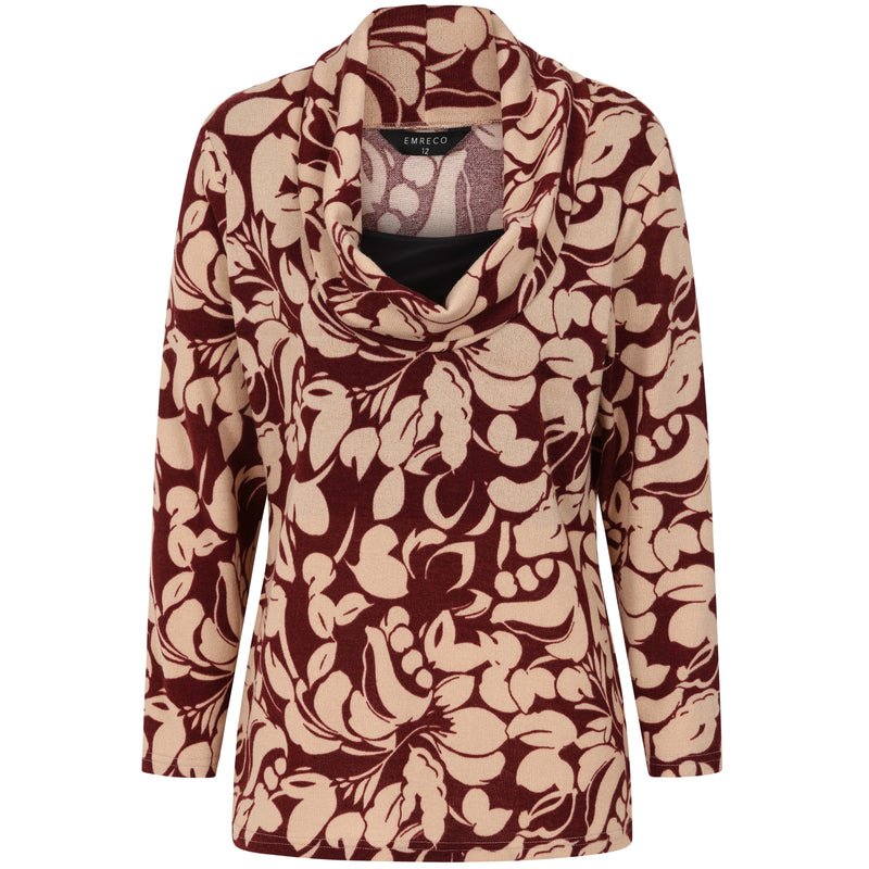 Soft Touch Cowl Neck Large Floral Top Wine