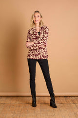 Soft Touch Cowl Neck Large Floral Top Wine