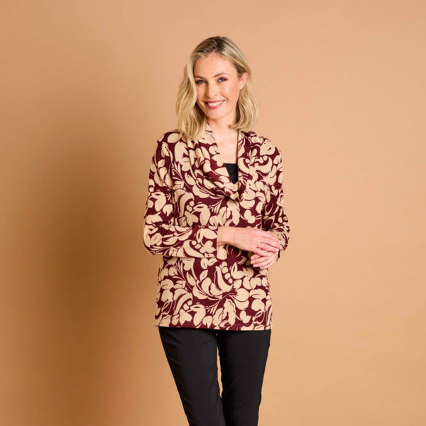 Soft Touch Cowl Neck Large Floral Top Wine