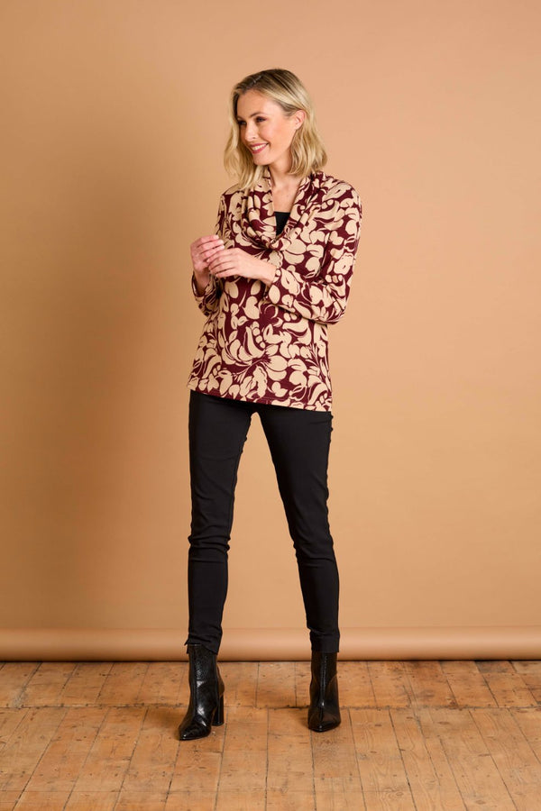 Soft Touch Cowl Neck Large Floral Top Wine