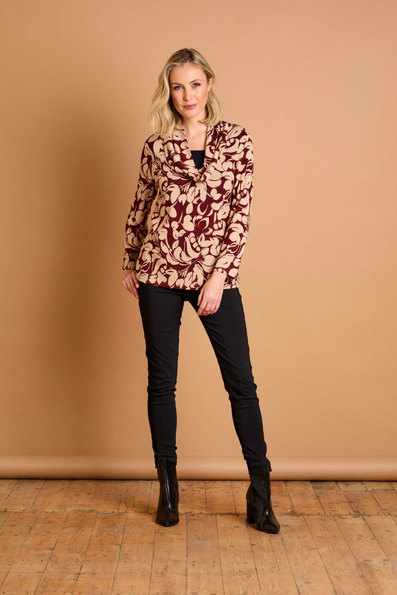 Soft Touch Cowl Neck Large Floral Top Wine