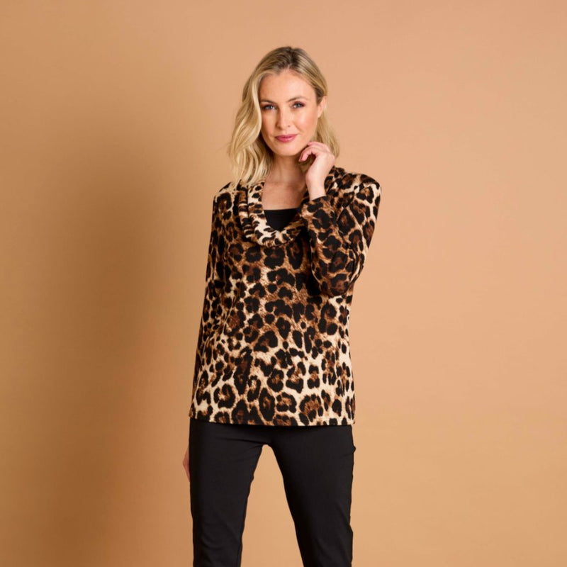Soft Touch Cowl Neck Stone Leopard Top Stone