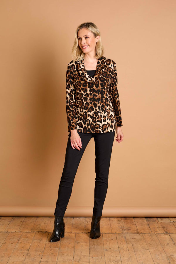 Soft Touch Cowl Neck Stone Leopard Top Stone