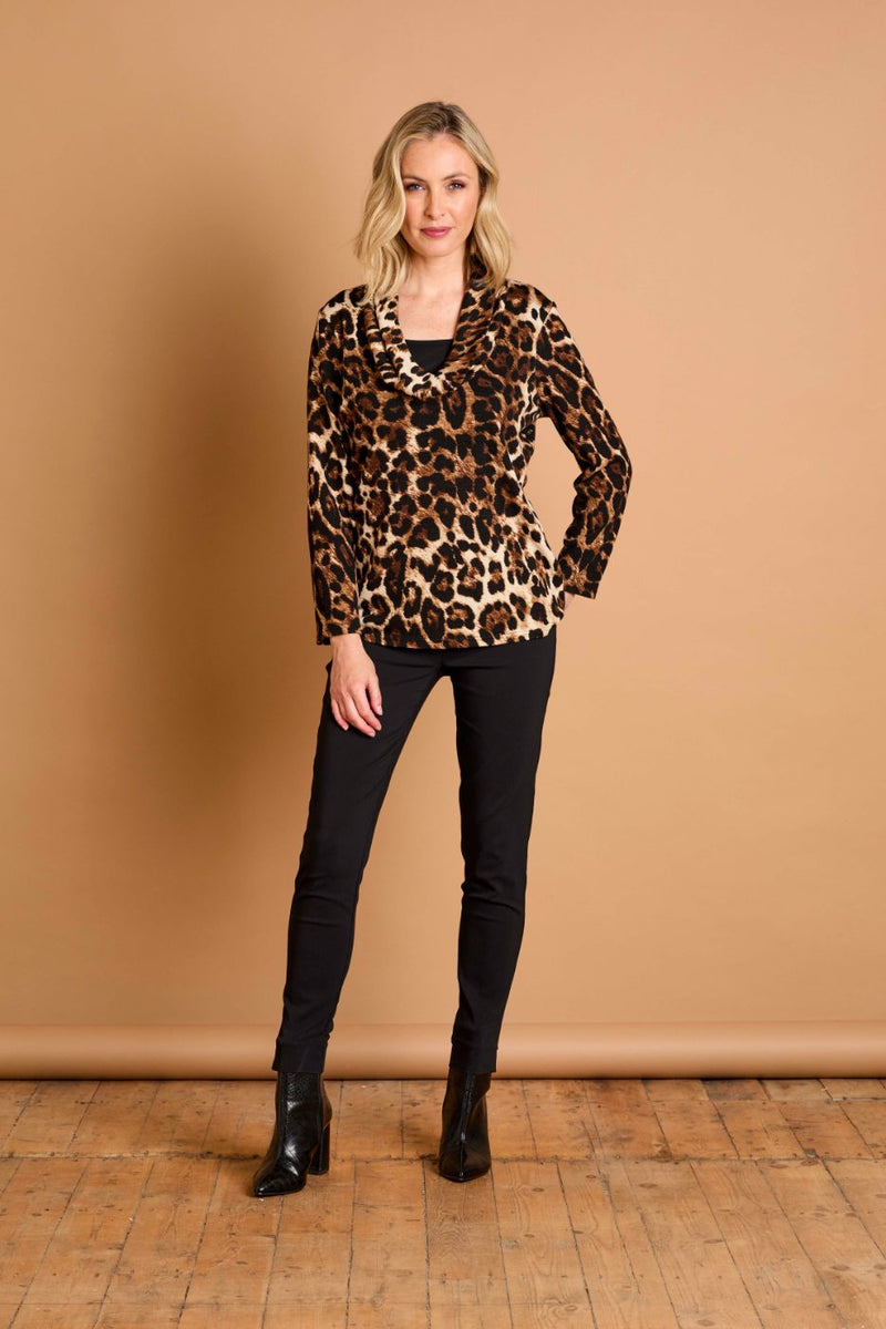 Soft Touch Cowl Neck Stone Leopard Top Stone