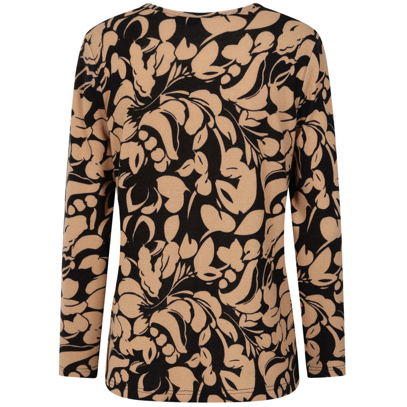 Soft Touch Large Floral Round Neck Top Black & Beige