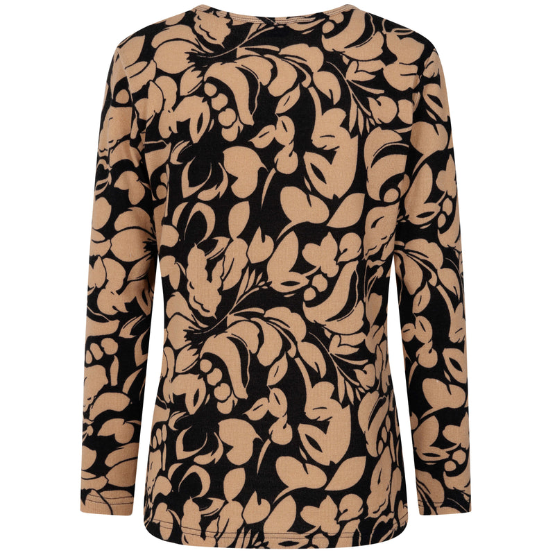 Soft Touch Large Floral Round Neck Top Black & Beige