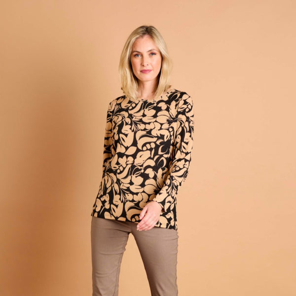 Soft Touch Large Floral Round Neck Top Black & Beige