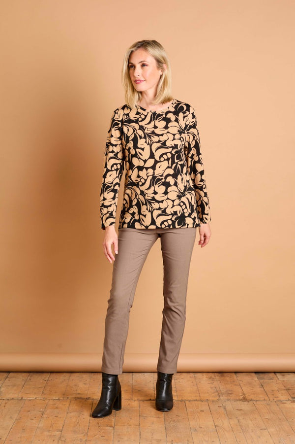 Soft Touch Large Floral Round Neck Top Black & Beige