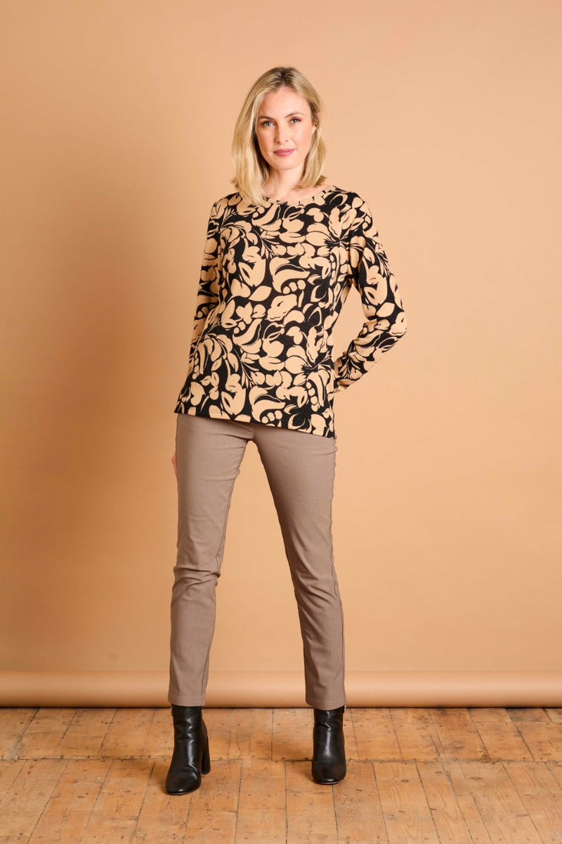 Soft Touch Large Floral Round Neck Top Black & Beige