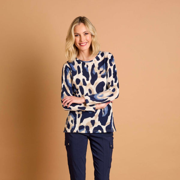 Soft Touch Large Animal Round Neck Top Blue