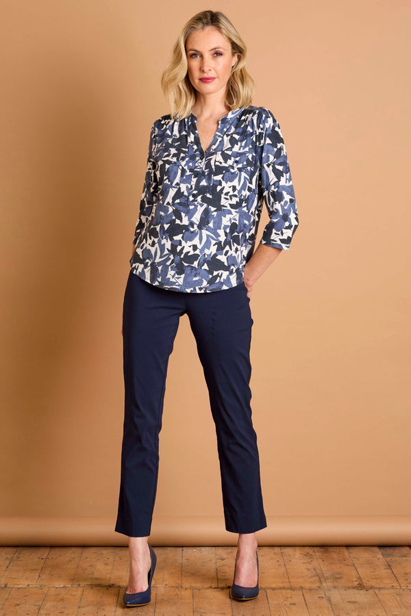 Leaf Print Mandarin Collar Blouse