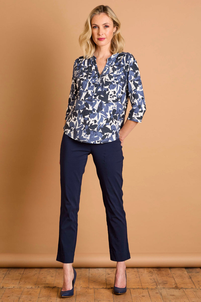 Leaf Print Mandarin Collar Blouse