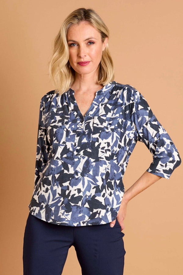 Leaf Print Mandarin Collar Blouse