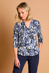Leaf Print Mandarin Collar Blouse