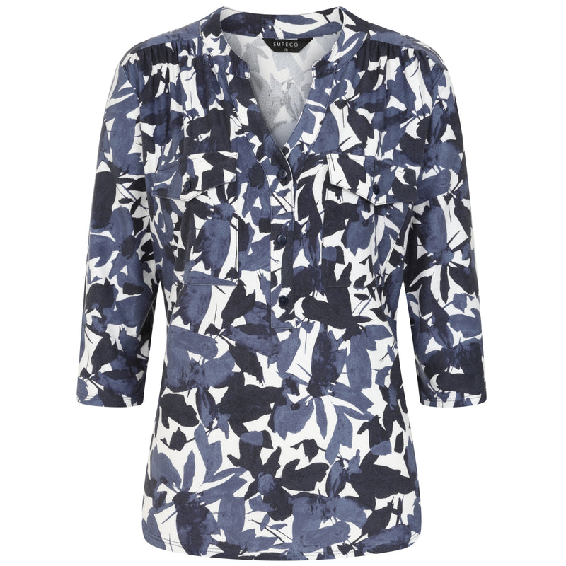 3/4 Sleeve Grey Leaf Print Mandarin Blouse Grey