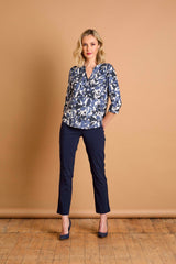 3/4 Sleeve Grey Leaf Print Mandarin Blouse Grey